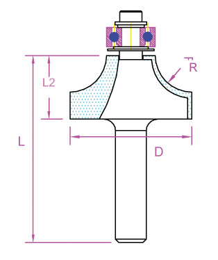 Fraise 1/4 de rond avec plat avec guide D 25,4 mm, L 45,5 mm, L2 13,5 mm  
