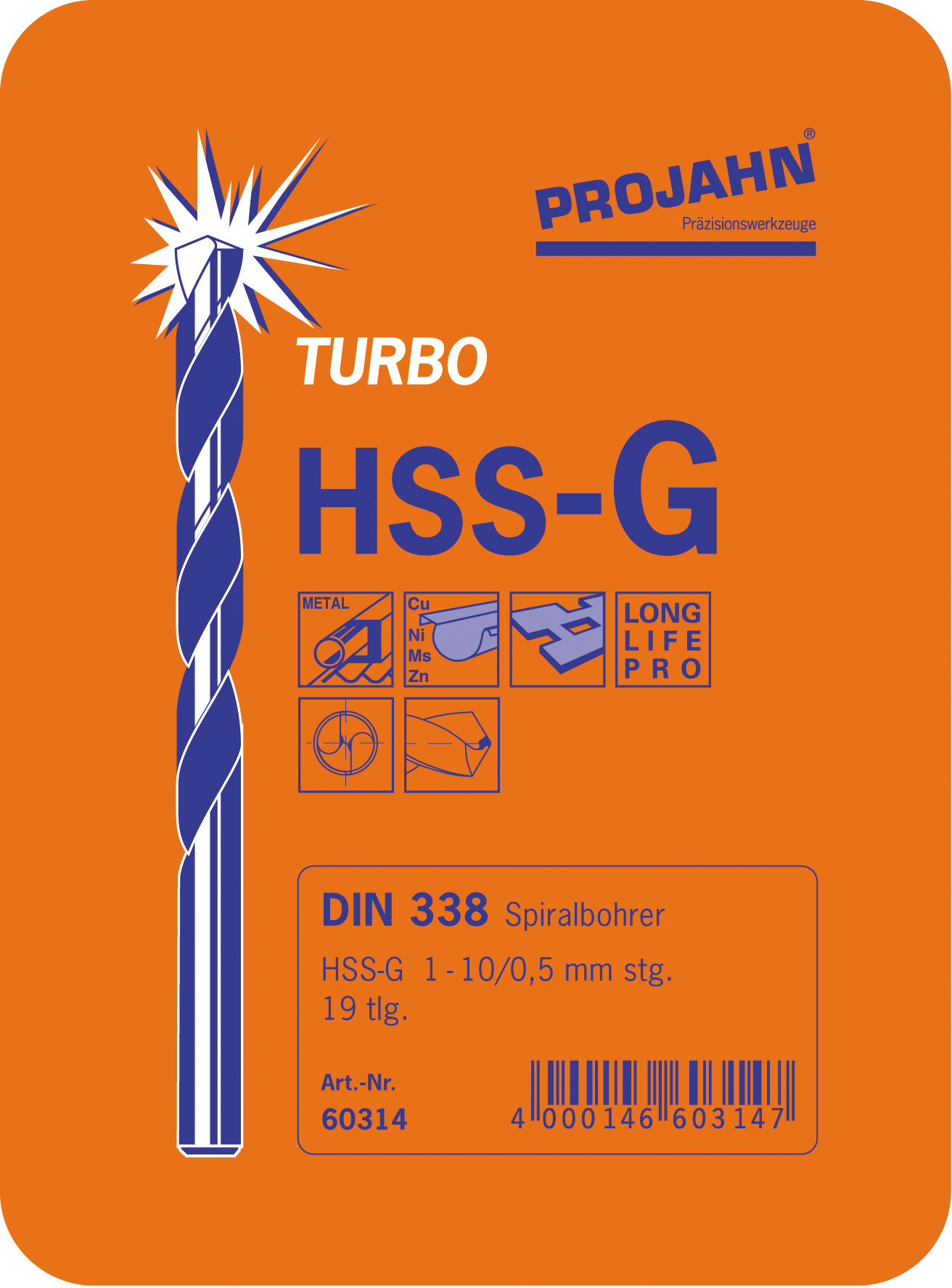Coffret de forets DIN 338 HSS Type N TURBO 19 forets 1 - 10 mm par 0,5 mm 