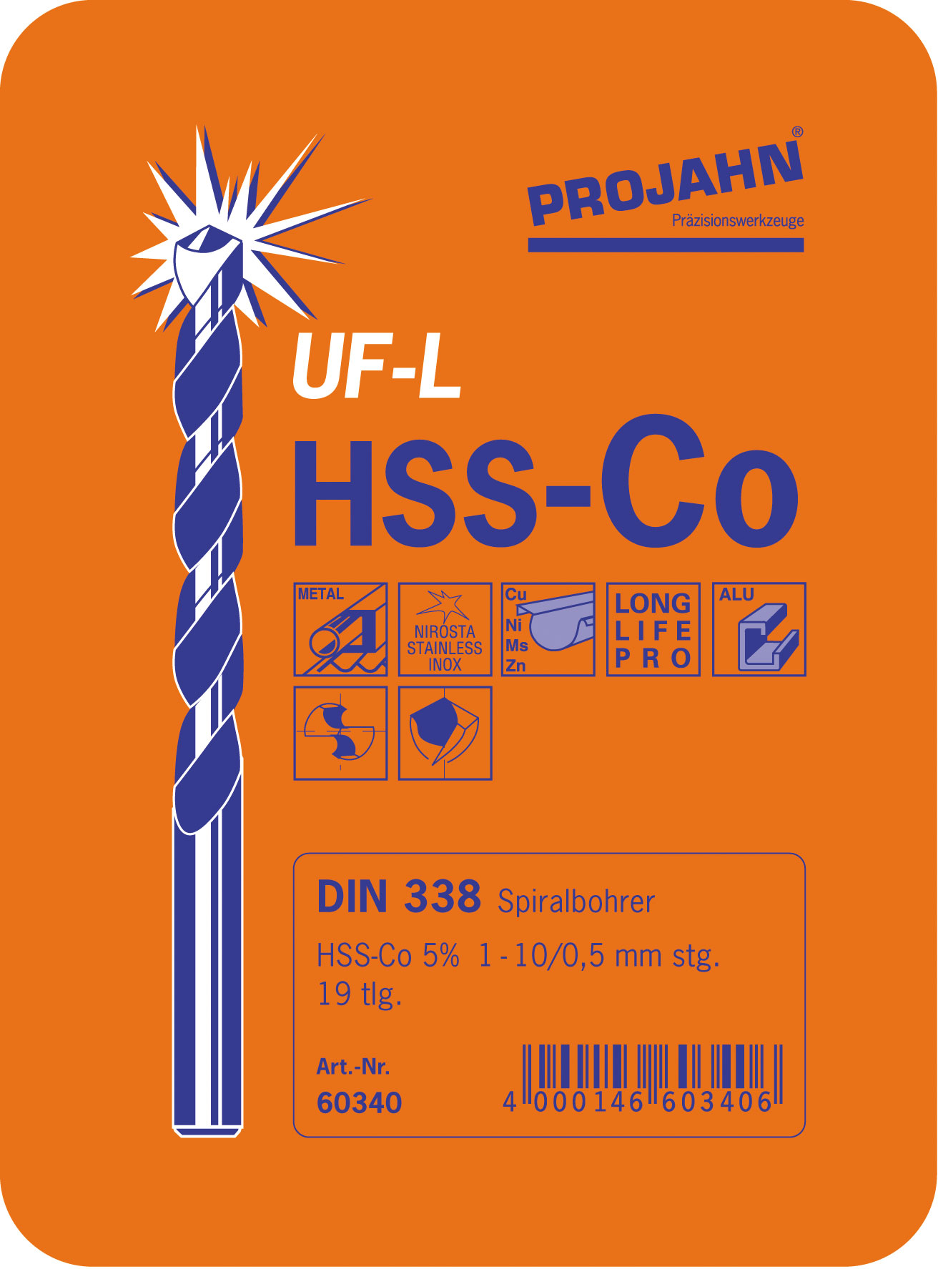 Coffret de forets DIN 338 HSS-Co 5% Type UF-L 19 forets 1 - 10 mm par 0,5 mm 