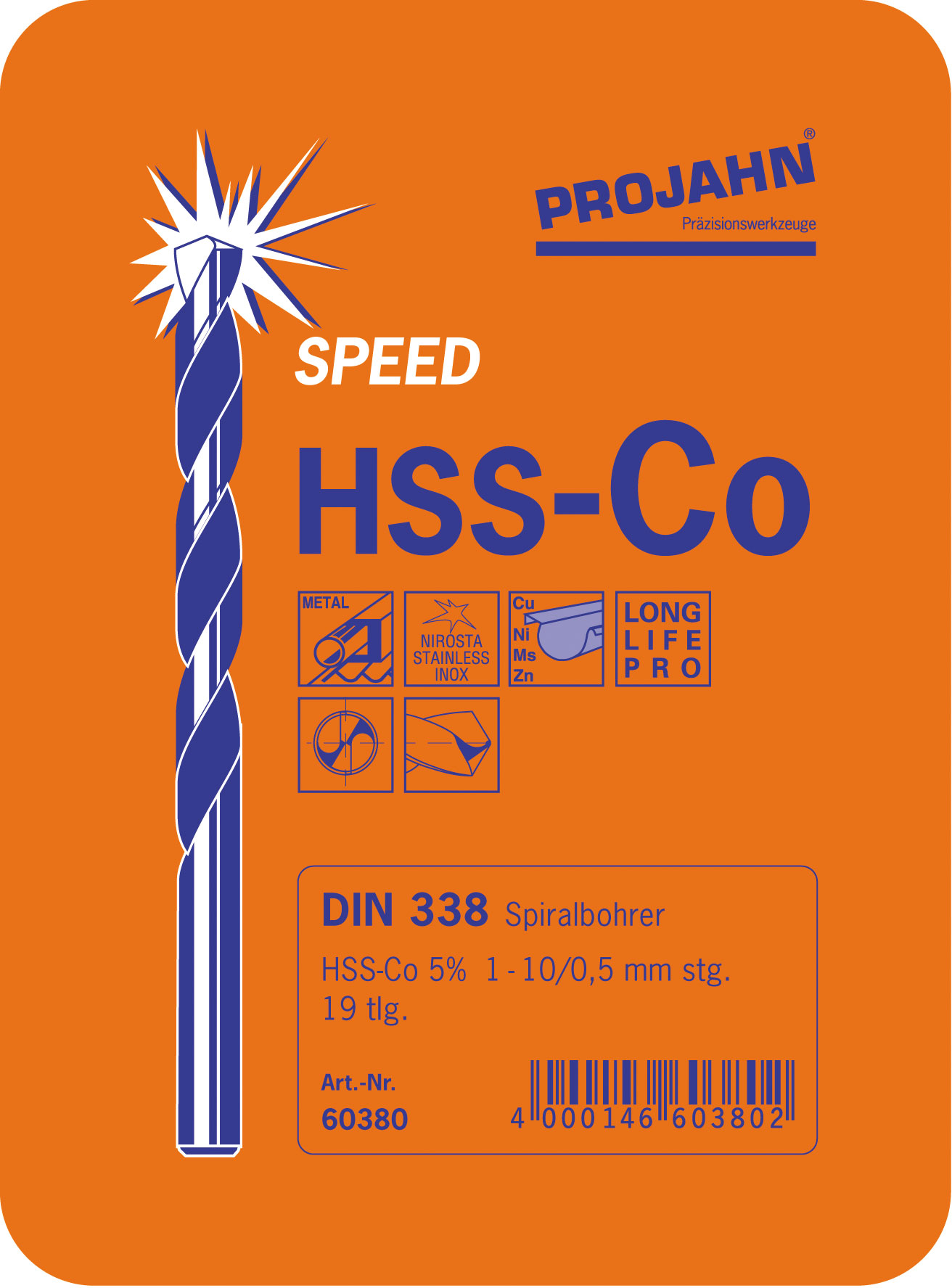 Coffret de forets SPEED DIN 338 HSS-Co 5% 19 forets 1 - 10 mm par 0,5 mm 