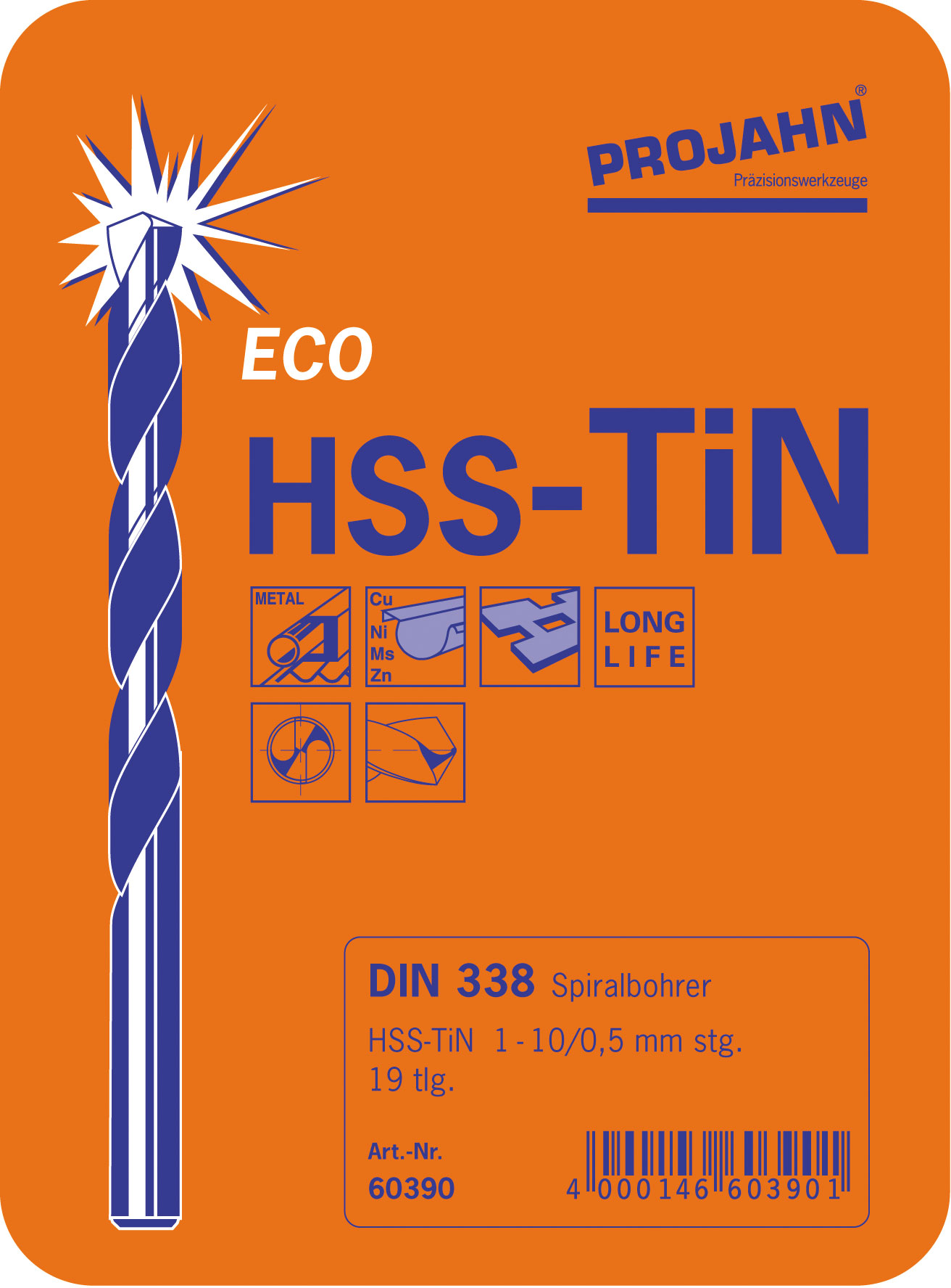 Coffret de forets DIN 338 HSS revêtu TiN Type N ECO 19 forets 1 - 10 mm par 0,5 mm 